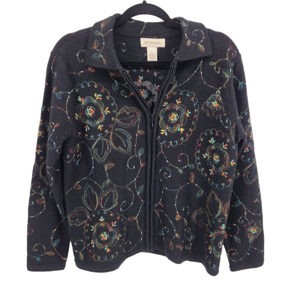 Bechamel womens large multicolor floral swirl embroidered wool full zip sweater